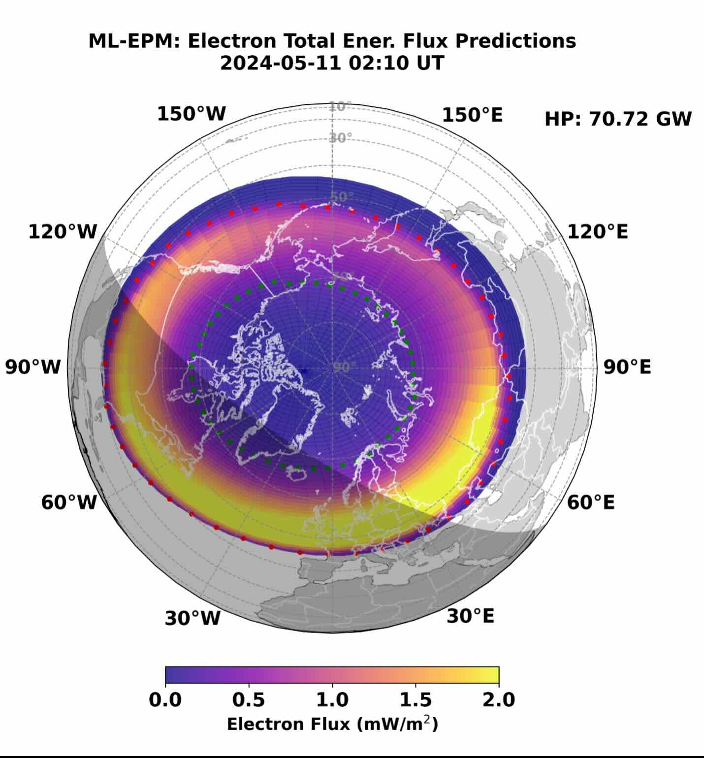 The recent Gannon/Mother's Day geomagnetic storm, one of the strongest in years, captured global attention. Active auroras were visible as far south as the southernmost parts of the United States, a rare and remarkable event. We are developing a Machine Learning–based Electron Precipitation Model (ML-EPM) using electron and ion precipitation data from the Defense Meteorological Satellite Program (DMSP). This image displays the model's predictions: total electron energy flux, the equatorward edge (green dots), and the poleward edge (red dots) of the auroral oval. During the Gannon storm, ML-EPM indicated intense electron precipitation with a significantly equatorward expansion of the auroral oval—consistent with widespread citizen science observations reported through Aurorasaurus. Further validations are currently in progress.